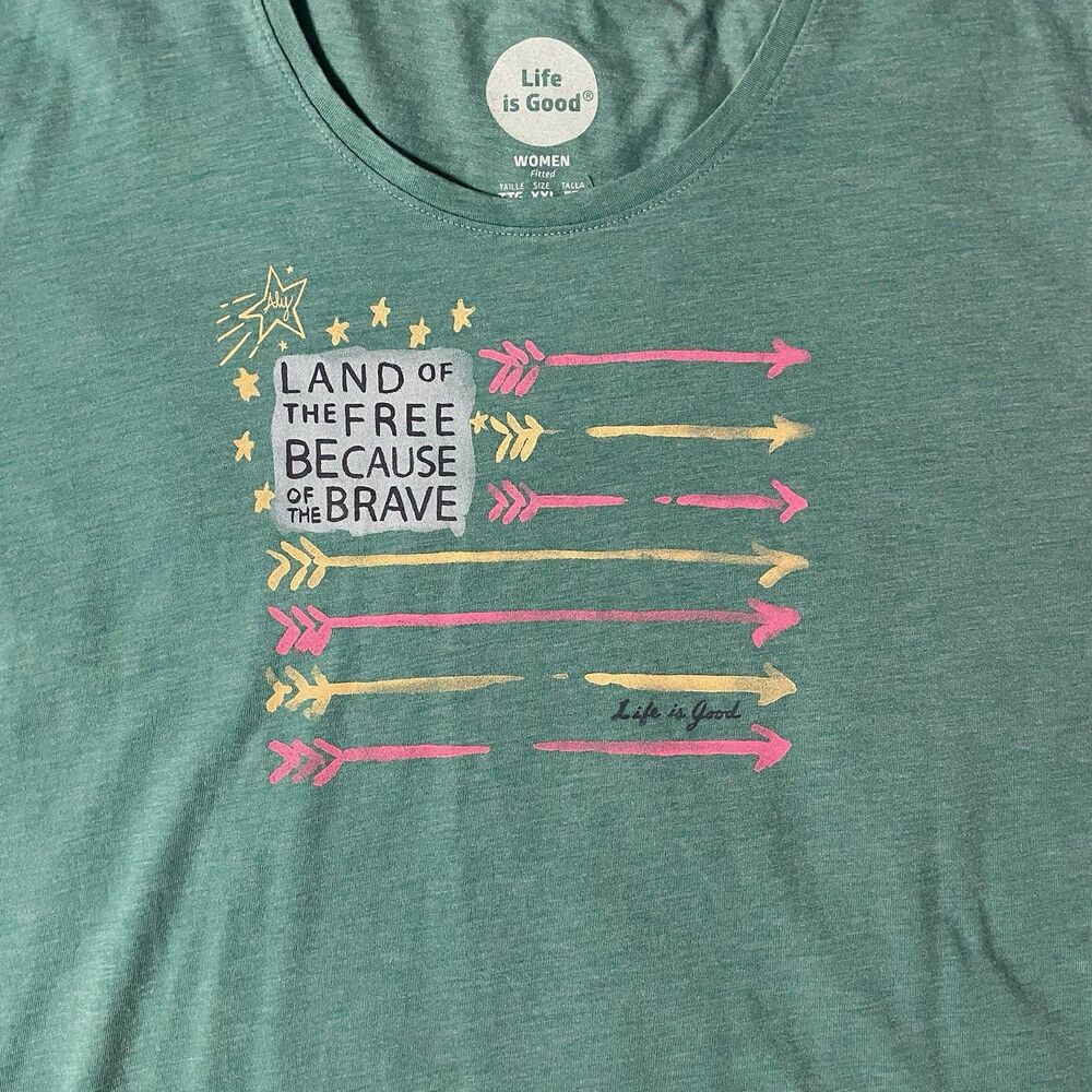 Life Is Good Womens XXL Land Of The Free USA America Teal Graphic Crew T Shirt - Picture 2 of 8